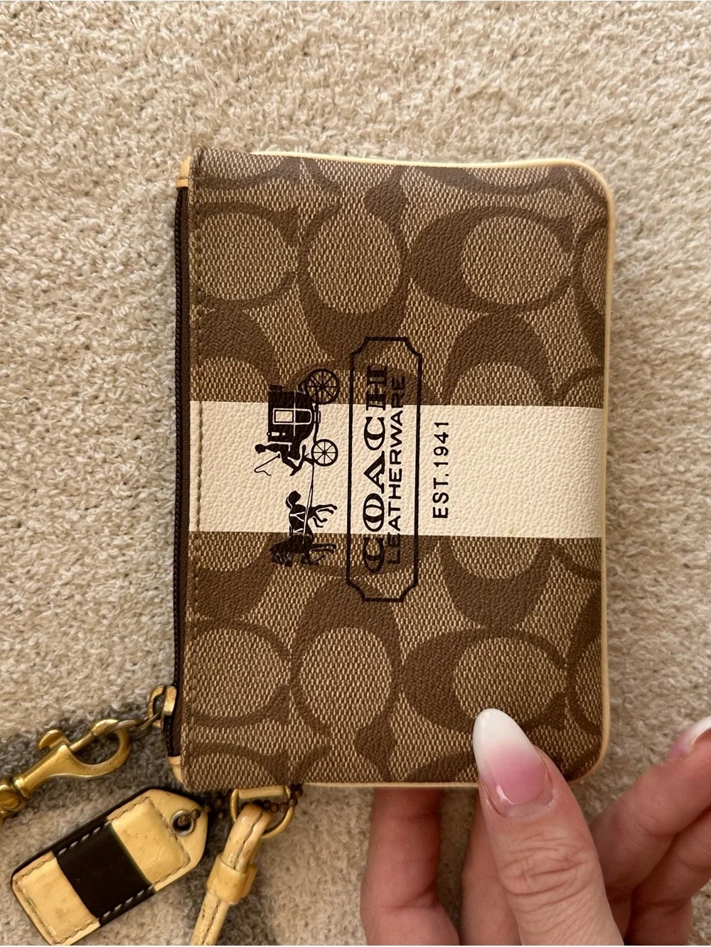 Coach Brown and Cream Signature Zip Wristlet with Gold Hardware